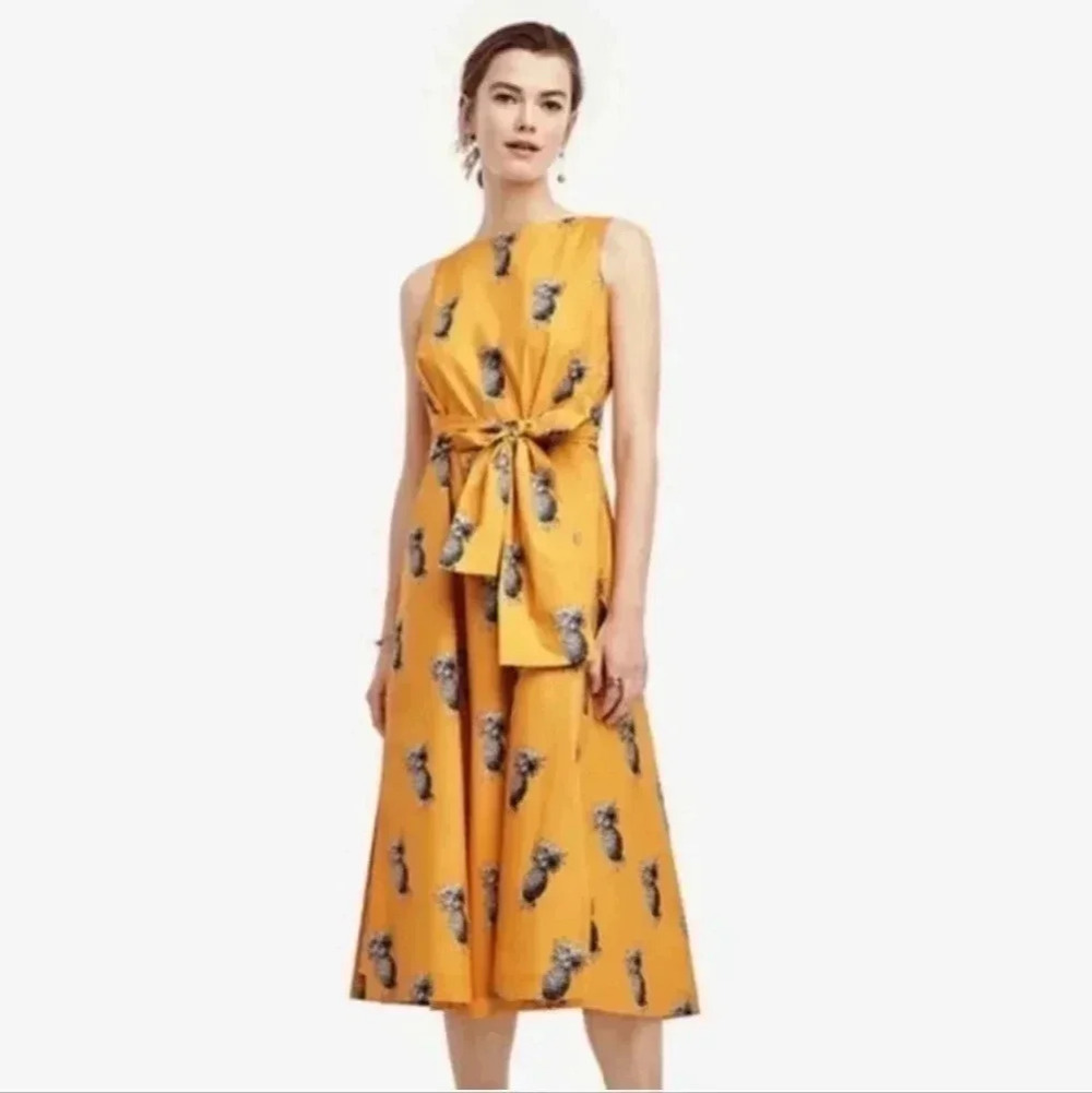 Ann Taylor Yellow Pineapple Print Fit and Flare Midi Dress